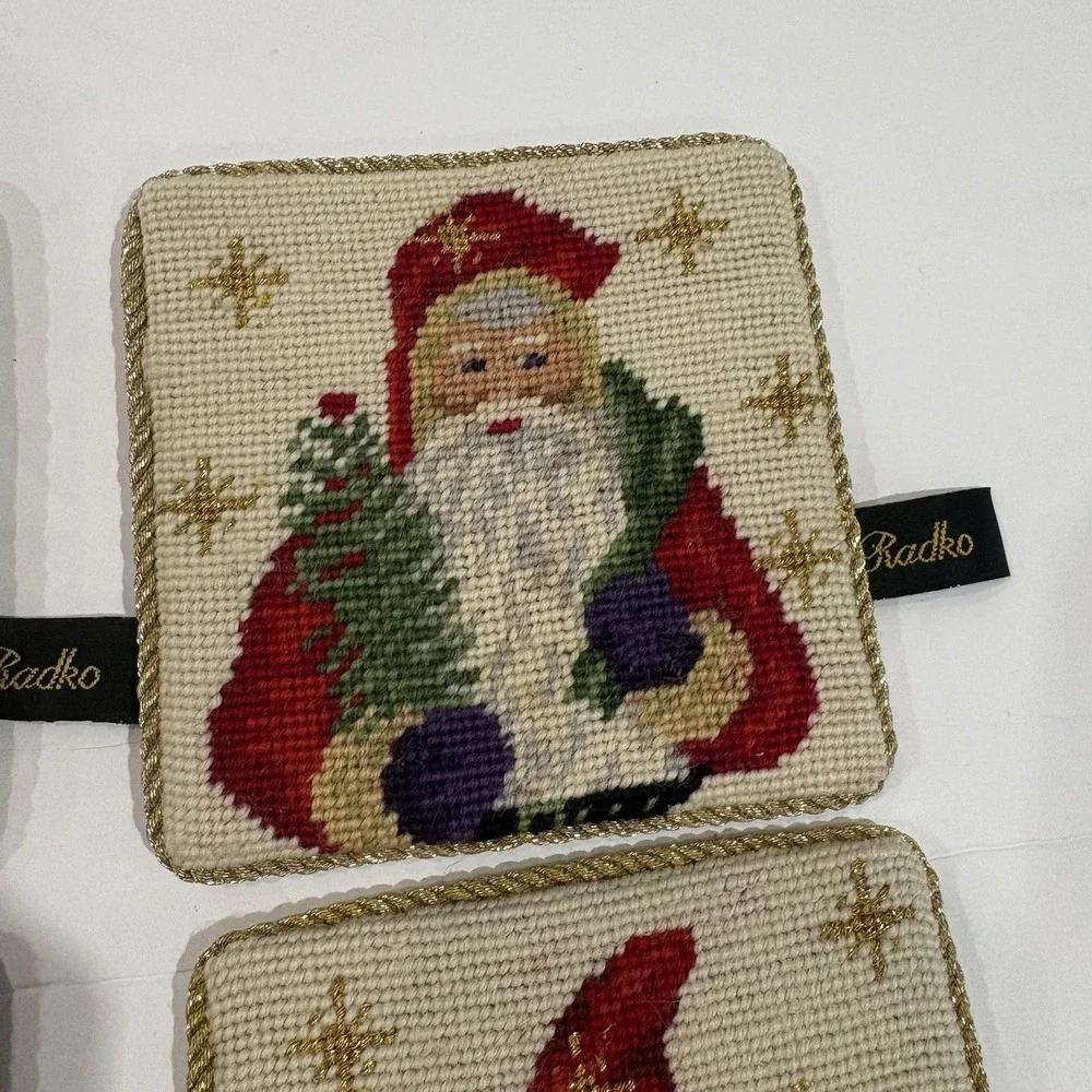 VTG Set of 4 Radko 4" Santa Needlepoint Wool Christmas Coasters Velvet Back - Picture 4 of 6